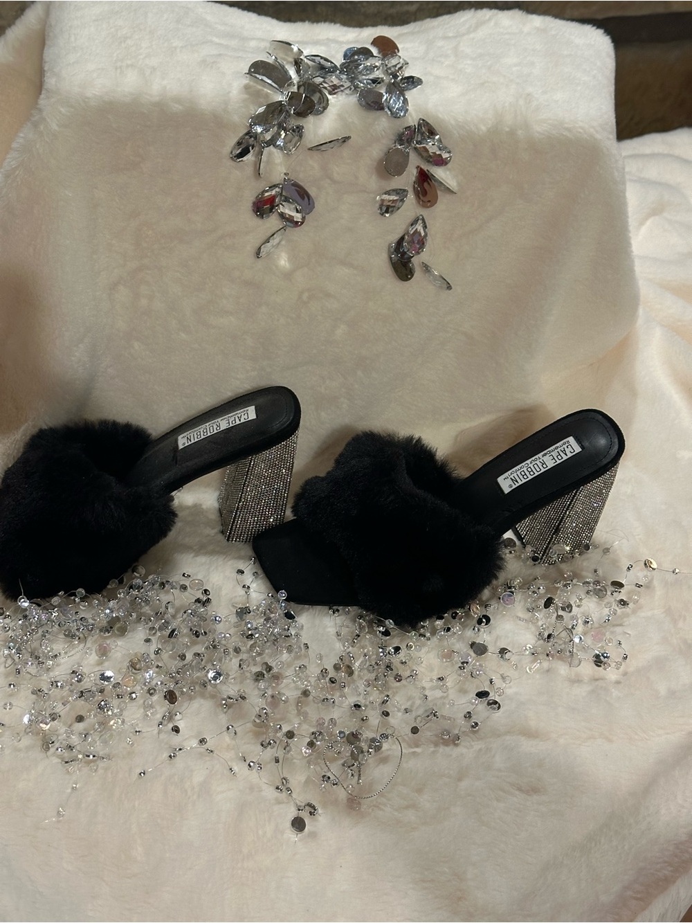 Cape Robbin Black Faux Fur Mules with Rhinestone Block Heel - Picture 3 of 7